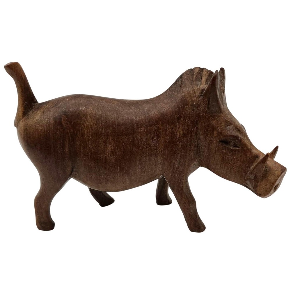 Handmade Warthog Figurine Carved Vintage Wood Brown Chestnut Safari Decor Boar